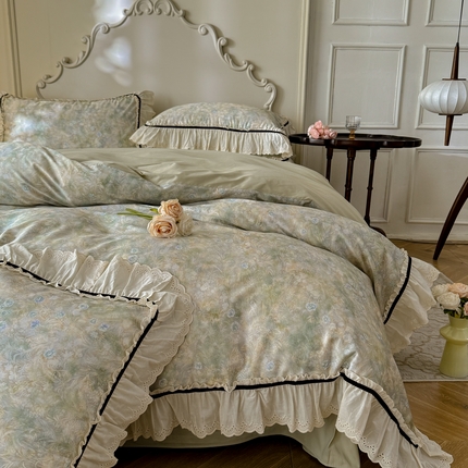 巧玲珑 2025新款法式蕾丝印花60支进口长绒棉四件套 繁花似锦-绿