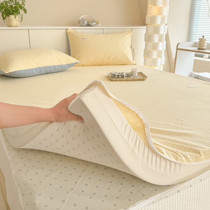 91家纺网 家纺一手货源 找家纺 眠博士 2025新款A类学生床全棉华夫格床垫套 全棉华夫格床垫套 奶黄色