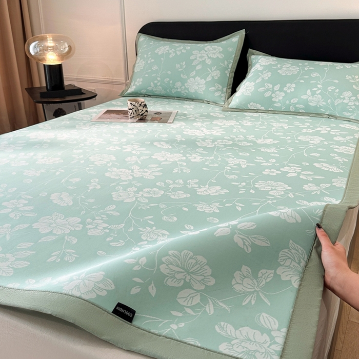 91家纺网 家纺一手货源 找家纺 慕尚家纺 2025春夏新款凉感冰丝提花凉席三件套 花语 绿