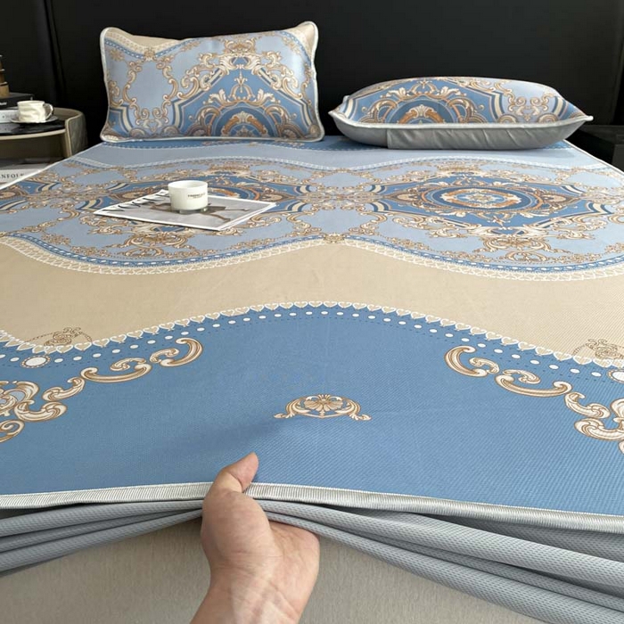 91家纺网 家纺一手货源 找家纺 2025新款印花冰丝凉席反面无纺布 冰丝-床笠款-雅典蓝