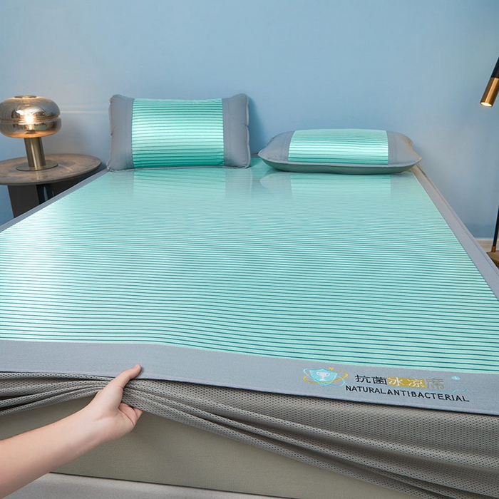 91家纺网 家纺一手货源 找家纺 阿亮家居 2025新款凉席抗菌刺绣可水洗碳光冰丝席包边无纺布冰丝席 素夏 薄荷绿-床笠款