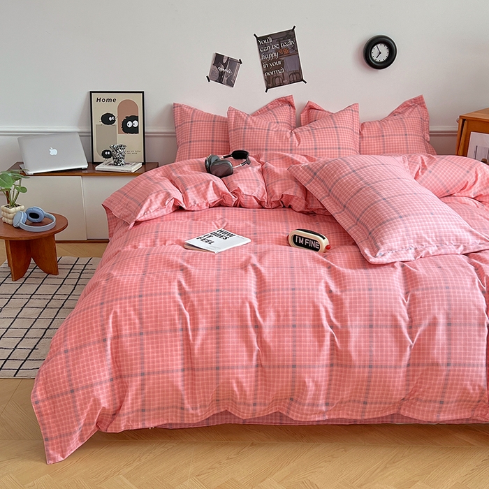 91家纺网 家纺一手货源 找家纺 罗菲尼酒店用品 2025新款磨毛亲肤飞边款四件套 时尚粉格