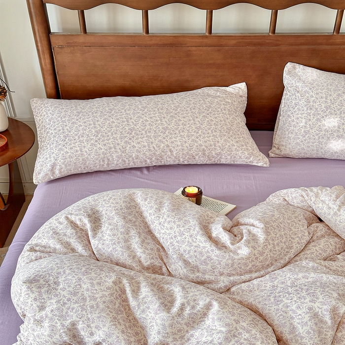 91家纺网 家纺一手货源 找家纺 吉象2025新款全棉双层纱四件套 蔷薇花露-紫