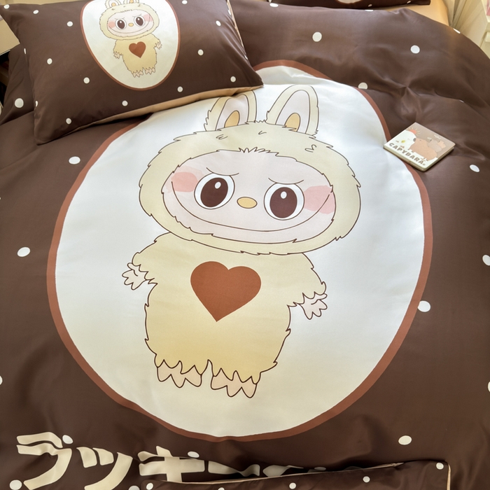 91家纺网 家纺一手货源 找家纺 摩卡（乐趣） 2025新款水洗真丝数码印花卡通兔系列四件套 咖啡兔