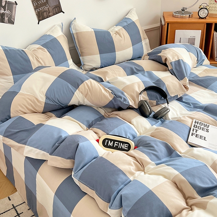 91家纺网 家纺一手货源 找家纺 罗菲尼酒店用品 2025新款磨毛亲肤飞边款四件套 蓝白大格