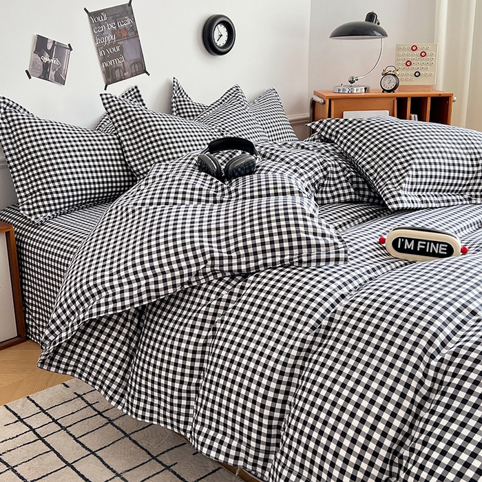 91家纺网 家纺一手货源 找家纺 罗菲尼酒店用品 2025新款磨毛亲肤飞边款四件套 黑白格