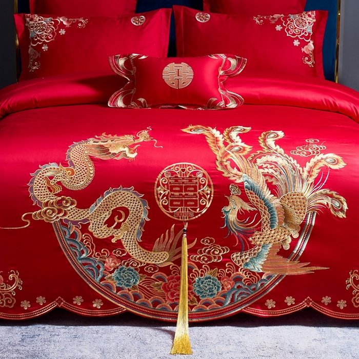 91家纺网 家纺一手货源 找家纺 慕她家纺 慕她婚庆四件套大红色磨毛亲肤棉刺绣结婚工艺款床上用品 龙凤情缘