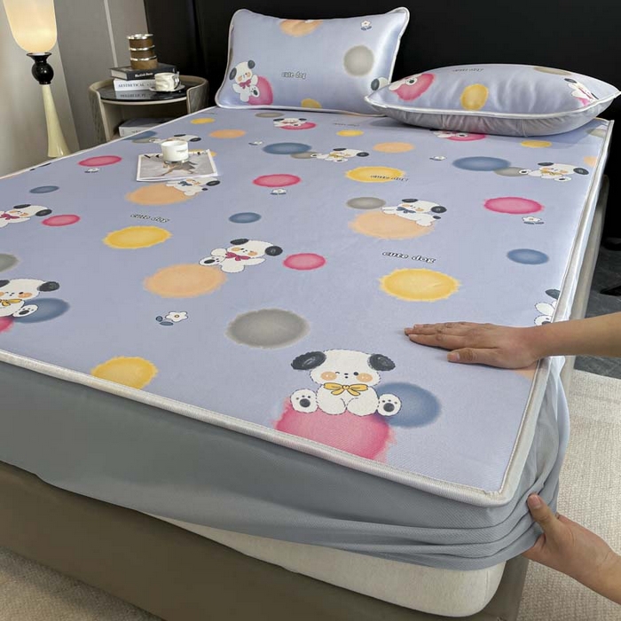 91家纺网 家纺一手货源 找家纺 2025新款印花冰丝凉席反面无纺布 冰丝-床笠款-萌萌犬