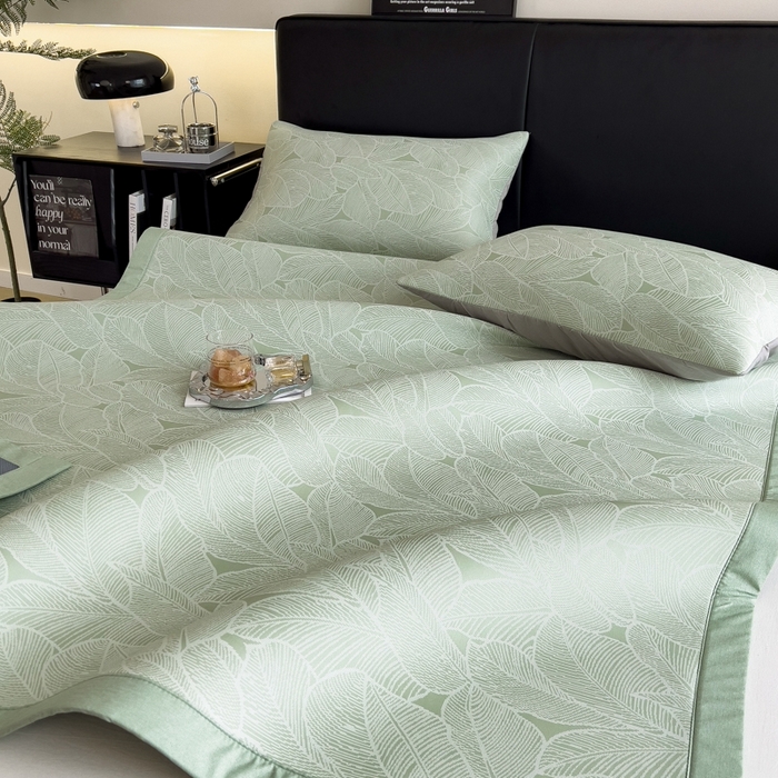 91家纺网 家纺一手货源 找家纺 慕尚家纺 2025春夏新款凉感冰丝提花凉席三件套 提花席 树叶绿