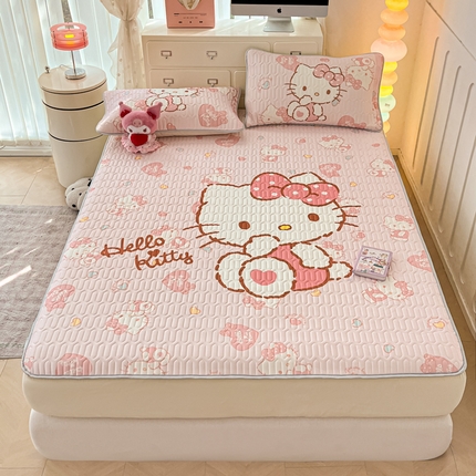 91家纺网 家纺一手货源 找家纺 金爱家 2025新款三丽鸥乳胶凉席大版床笠款 床笠款凉席-爱心kt