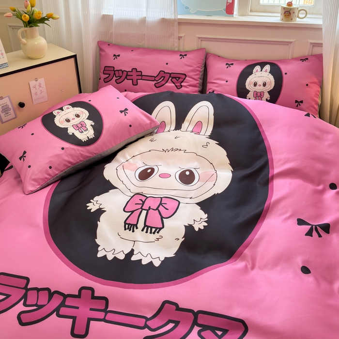 91家纺网 家纺一手货源 找家纺 摩卡（乐趣） 2025新款水洗真丝数码印花卡通兔系列四件套 兔小懒