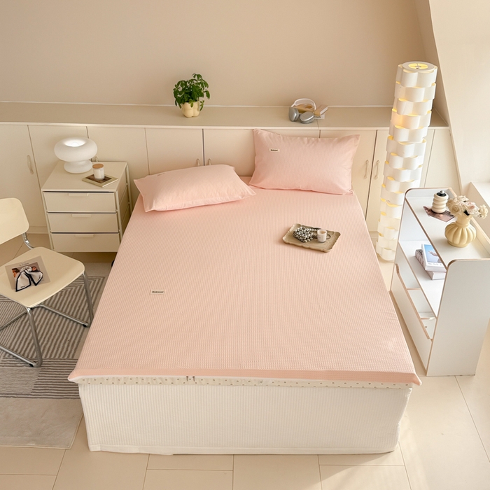 91家纺网 家纺一手货源 找家纺 眠博士 2025新款A类学生床全棉华夫格床垫套 全棉华夫格床垫套 嫩玉粉