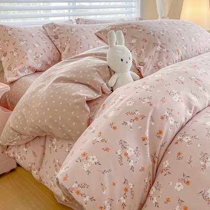 星窝家纺 2025新款纽扣款水洗棉印花四件套 花上枝咖