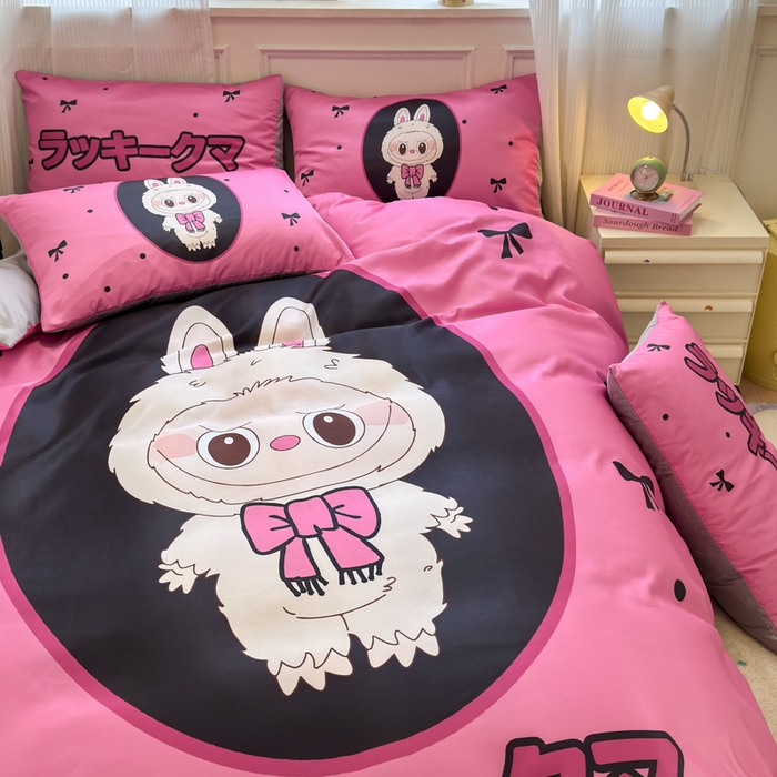 91家纺网 家纺一手货源 找家纺 摩卡（乐趣） 2025新款水洗真丝数码印花卡通兔系列四件套 兔小懒