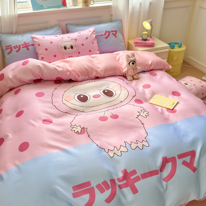 91家纺网 家纺一手货源 找家纺 摩卡（乐趣） 2025新款水洗真丝数码印花卡通兔系列四件套 布丁兔