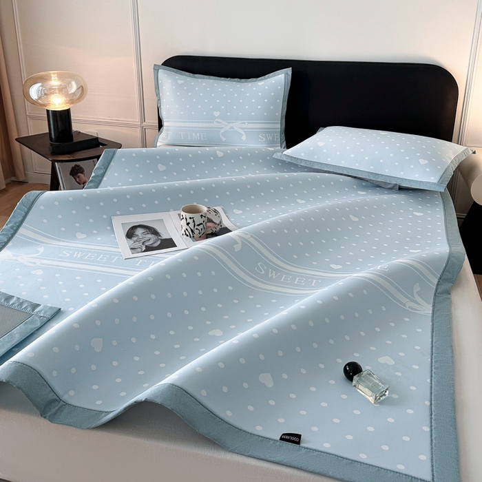 91家纺网 家纺一手货源 找家纺 慕尚家纺 2025春夏新款凉感冰丝提花凉席三件套 爱心圆点