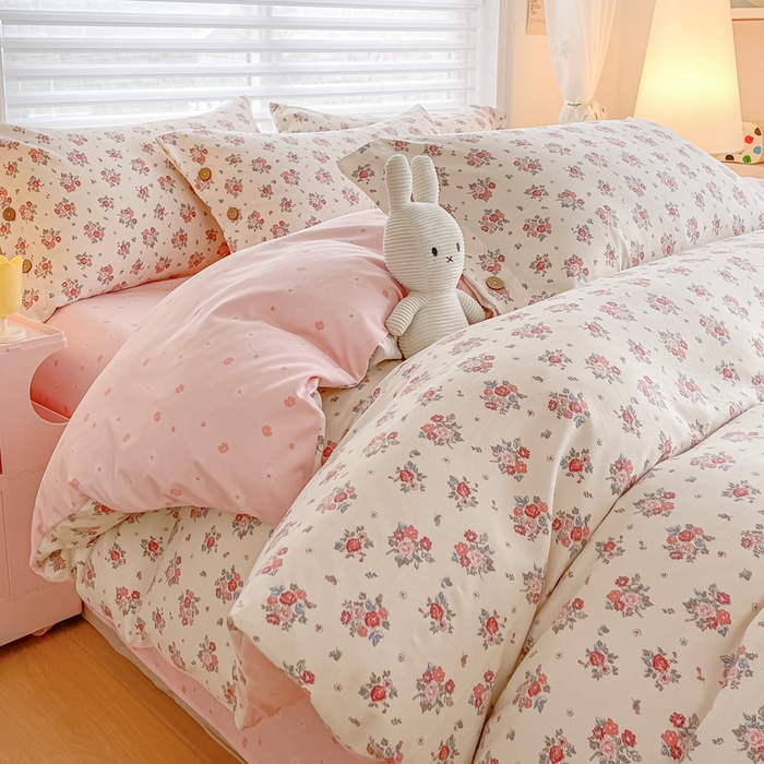 91家纺网 家纺一手货源 找家纺 星窝家纺 2025新款纽扣款水洗棉印花四件套 觅裳