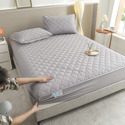 慕克斯  2025新款原棉大豆抗菌夹棉防水床笠床垫保护罩-四季跑量款 粉灰