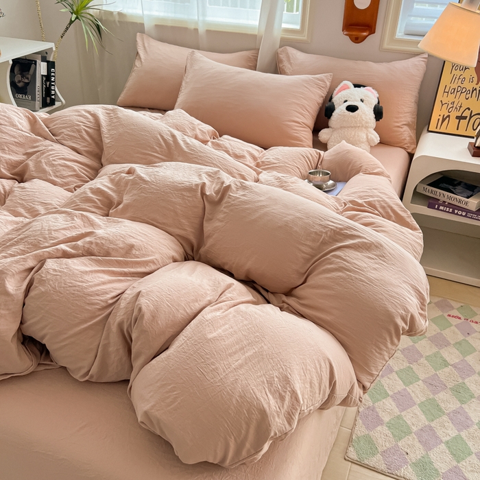 91家纺网 家纺一手货源 找家纺 韩巢家纺 2025新款ins日式风超柔水洗棉四件套 -纯色（提供卖家秀） 水洗棉奶咖