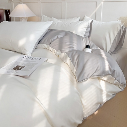 凯洛奇 2025新款简约纯色四件套水洗真丝四件套冰丝四件套 月光白+浅灰