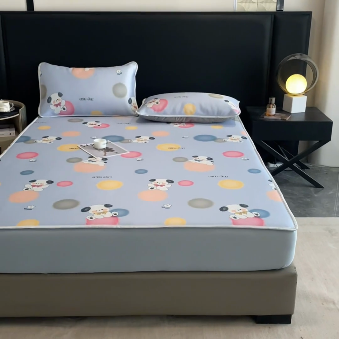 91家纺网 家纺一手货源 找家纺 2025新款印花冰丝凉席反面无纺布 冰丝-床笠款-萌萌犬