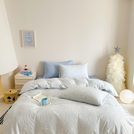 91家纺网 家纺一手货源 找家纺 桃喜 2025新款春夏双层纱卡通系列四件套 格子狗兰