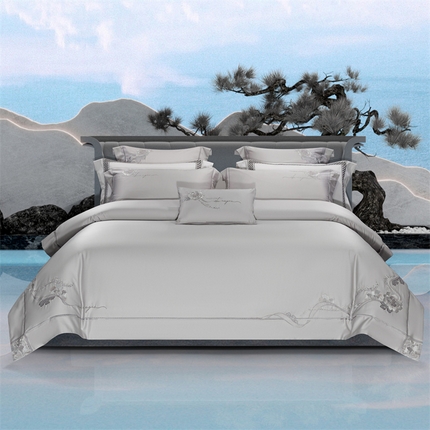 高大尚婚庆馆 2025新款长绒棉高端绣花四件套-罗曼蒂 罗曼蒂绅士灰