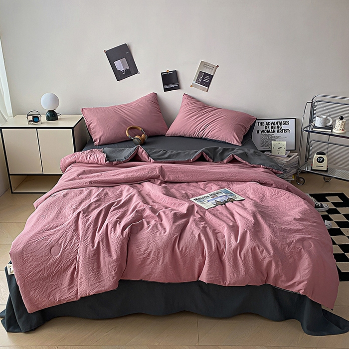 91家纺网 家纺一手货源 找家纺 益多眠 2026新款水洗棉夏被四件套 豆沙+深灰