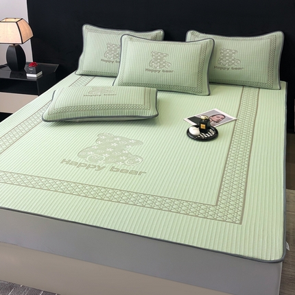 91家纺网 家纺一手货源 找家纺 首尔家纺 2025新款大版凉感丝凉席 快乐熊-薄荷绿