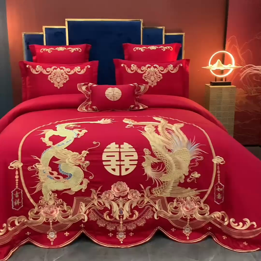 91家纺网 家纺一手货源 找家纺 慕她家纺 慕她婚庆四件套大红色磨毛亲肤棉刺绣结婚工艺款床上用品 吉祥如意