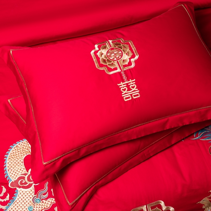 91家纺网 家纺一手货源 找家纺 慕她家纺 慕她婚庆四件套大红色磨毛亲肤棉刺绣结婚工艺款床上用品 挚恋龙凤