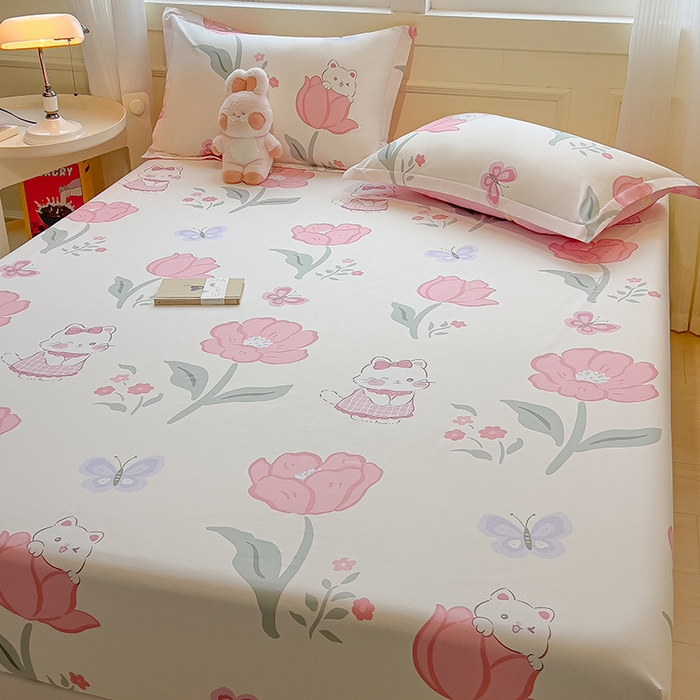 91家纺网 家纺一手货源 找家纺 拾物记 2025新款A类无荧光全喷气全棉12868单床笠 花欣猫趣-粉