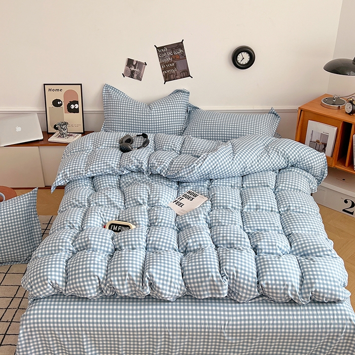 91家纺网 家纺一手货源 找家纺 罗菲尼酒店用品 2025新款磨毛亲肤飞边款四件套 蓝小格