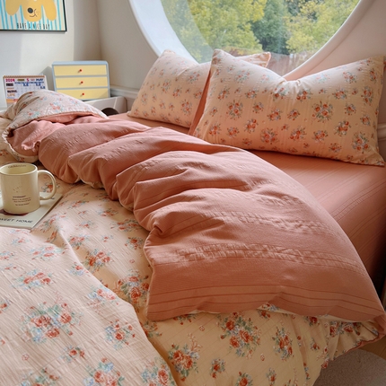 王朝国际 2025新款皱皱棉印花四件套 蜜糖橘