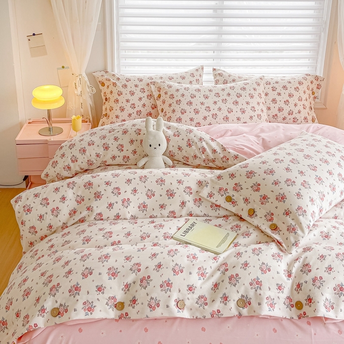 91家纺网 家纺一手货源 找家纺 星窝家纺 2025新款纽扣款水洗棉印花四件套 觅裳