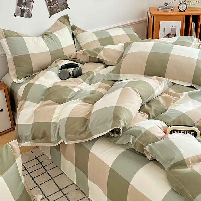 91家纺网 家纺一手货源 找家纺 罗菲尼酒店用品 2025新款磨毛亲肤飞边款四件套 简约绿格