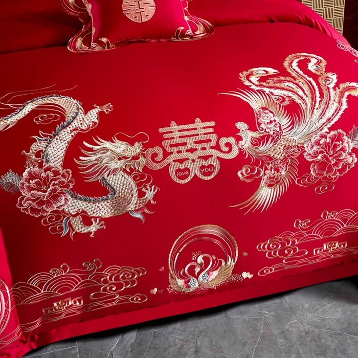 91家纺网 家纺一手货源 找家纺 慕她家纺 慕她婚庆四件套大红色磨毛亲肤棉刺绣结婚工艺款床上用品 恩爱龙凤