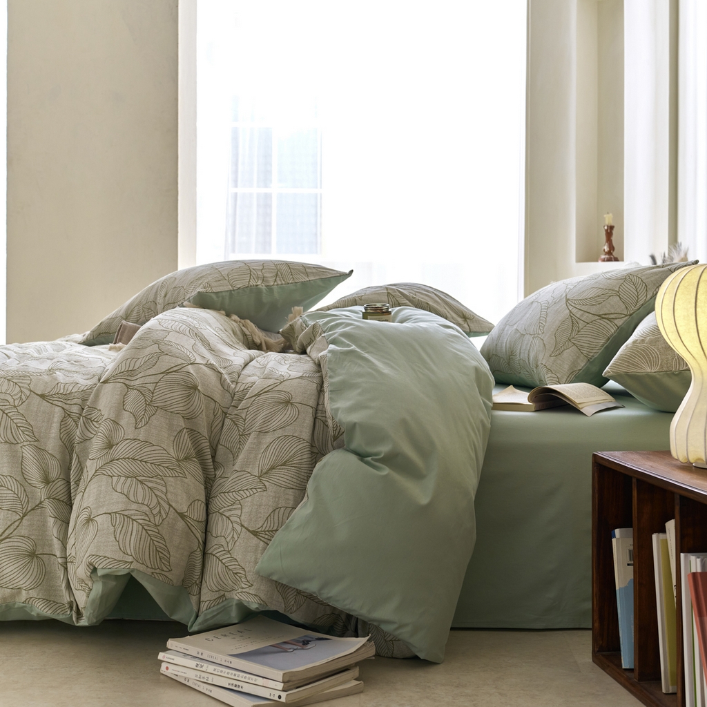 91家纺网 家纺一手货源 找家纺 金丝鸟2025新款全棉纯棉三层纱提花四件套 小叶雨林 绿