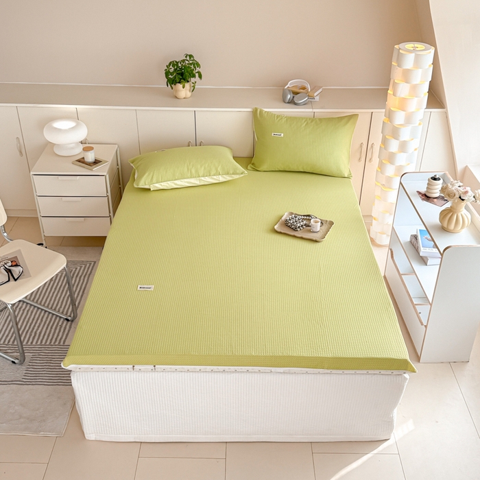 91家纺网 家纺一手货源 找家纺 眠博士 2025新款A类学生床全棉华夫格床垫套 全棉华夫格床垫套 果绿