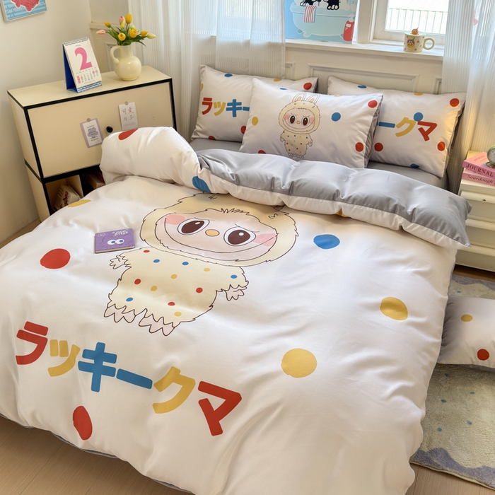 91家纺网 家纺一手货源 找家纺 摩卡（乐趣） 2025新款水洗真丝数码印花卡通兔系列四件套 奶糕兔