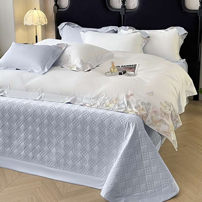 91家纺网 家纺一手货源 找家纺 直播爆款A类100支长绒棉夹棉床盖床笠四件套全棉纯棉床单加厚高端重工刺绣四季款床上用品 茉婉-白蓝