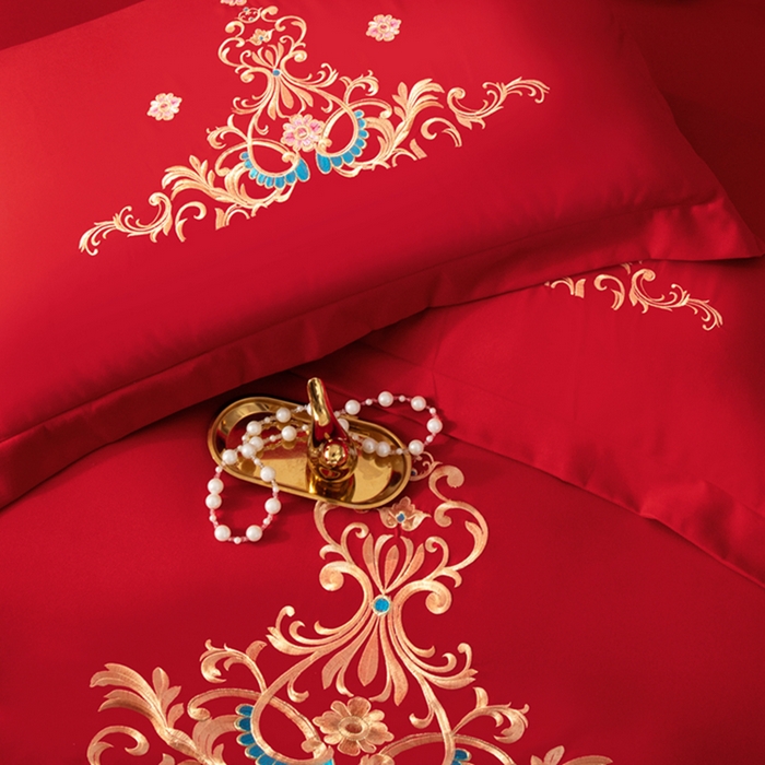 91家纺网 家纺一手货源 找家纺 慕她家纺 慕她婚庆四件套大红色磨毛亲肤棉刺绣结婚工艺款床上用品 盛世庄园 大红