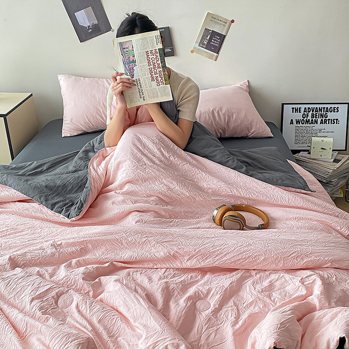 91家纺网 家纺一手货源 找家纺 益多眠 2026新款水洗棉夏被四件套 少女+深灰