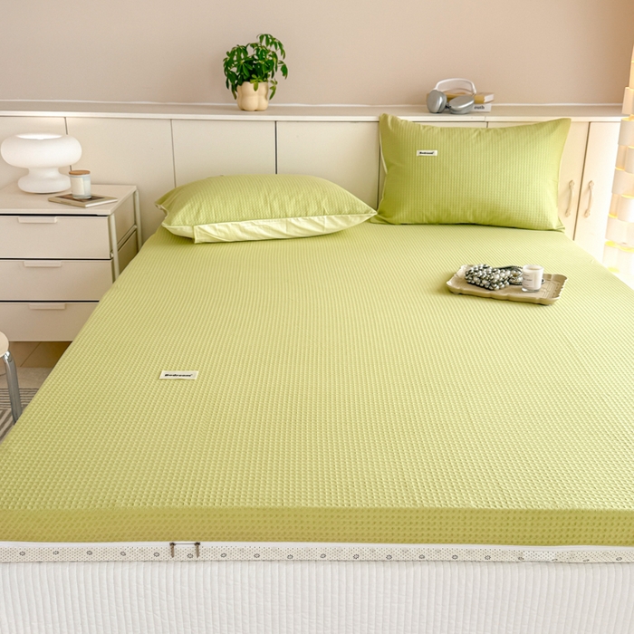 91家纺网 家纺一手货源 找家纺 眠博士 2025新款A类学生床全棉华夫格床垫套 全棉华夫格床垫套 果绿