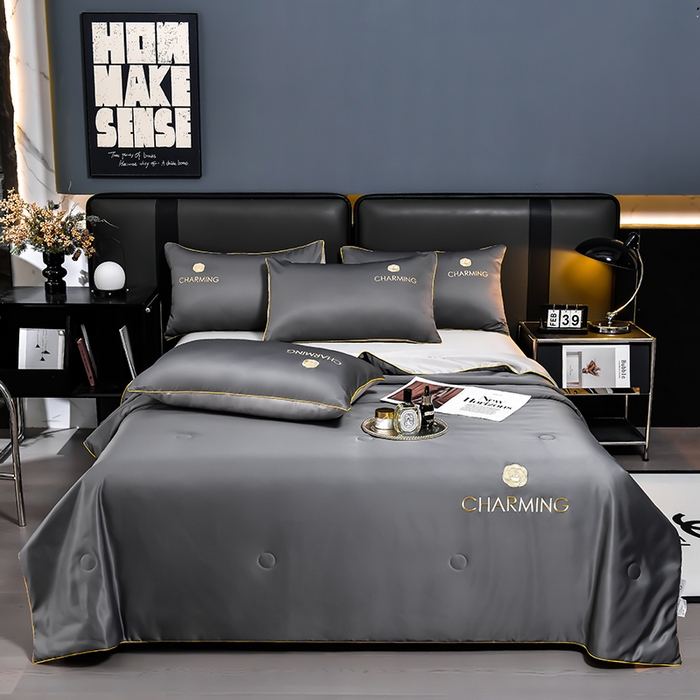 91家纺网 家纺一手货源 找家纺 伊梵居 2025新款水洗真丝刺绣夏被四件套 高级灰+山灰