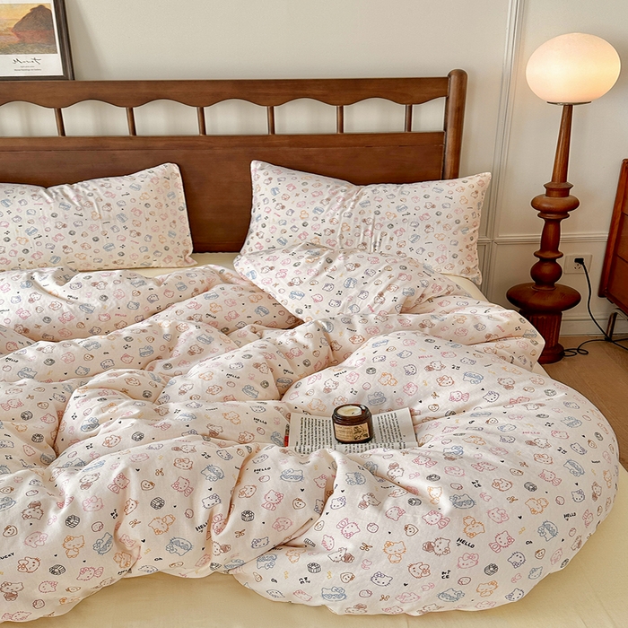 91家纺网 家纺一手货源 找家纺 吉象2025新款全棉双层纱四件套 幸运猫咪