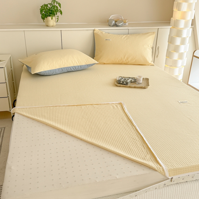 91家纺网 家纺一手货源 找家纺 眠博士 2025新款A类学生床全棉华夫格床垫套 全棉华夫格床垫套 奶黄色