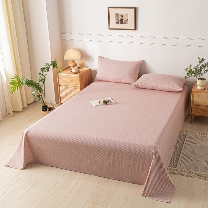 91家纺网 家纺一手货源 找家纺 阿亮家居 2025新款原棉老粗布床单系列 千鸟格-豆粉