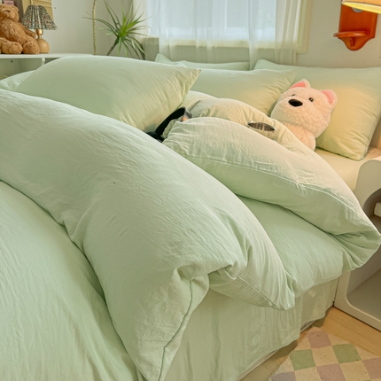 91家纺网 家纺一手货源 找家纺 韩巢家纺 2025新款ins日式风超柔水洗棉四件套 -纯色（提供卖家秀） 水洗棉浅绿