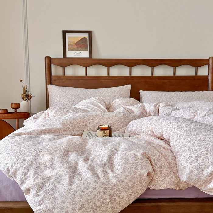 91家纺网 家纺一手货源 找家纺 吉象2025新款全棉双层纱四件套 蔷薇花露-紫